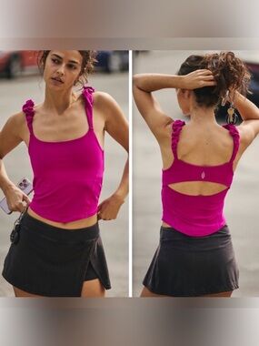 FP Movement by Free People Ruffle-Strap Cutout Tank Top - Fuchsia